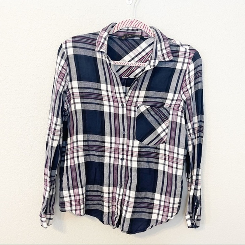 Zara Basic Womens Plaid Button Up Shirt Navy Blue Pink White Cotton Blend Size M